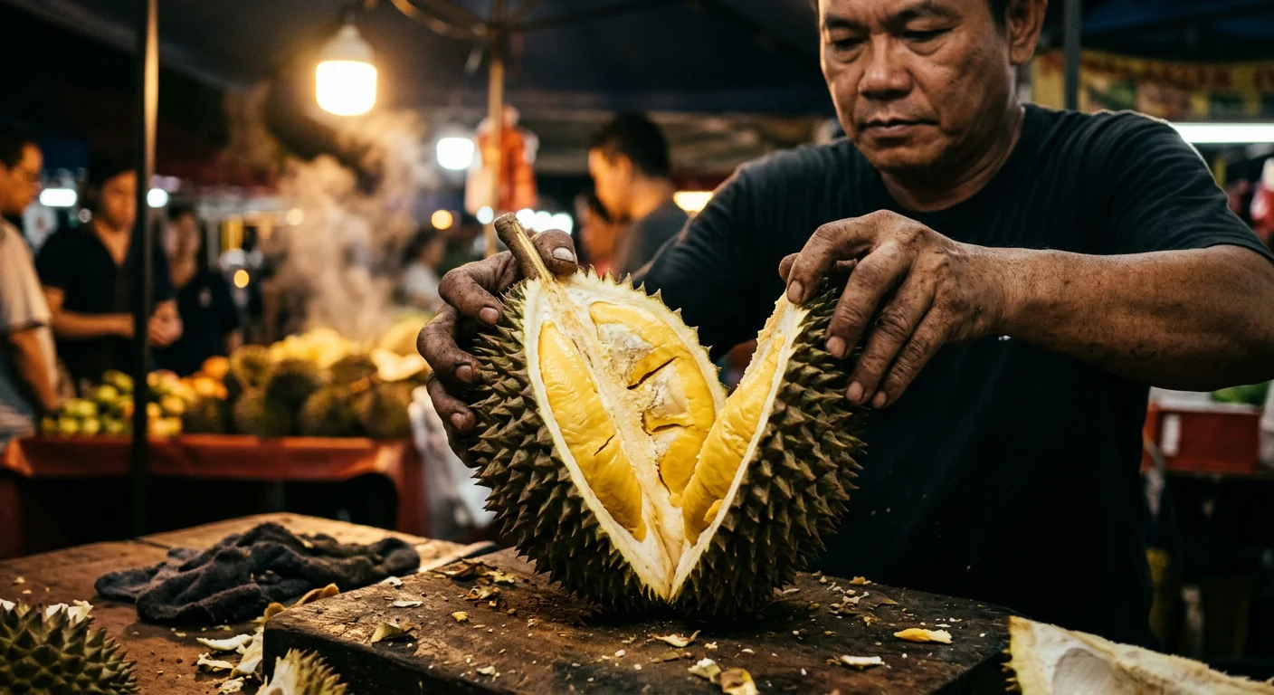 Hands cracking open a fresh durian to reveal golden flesh